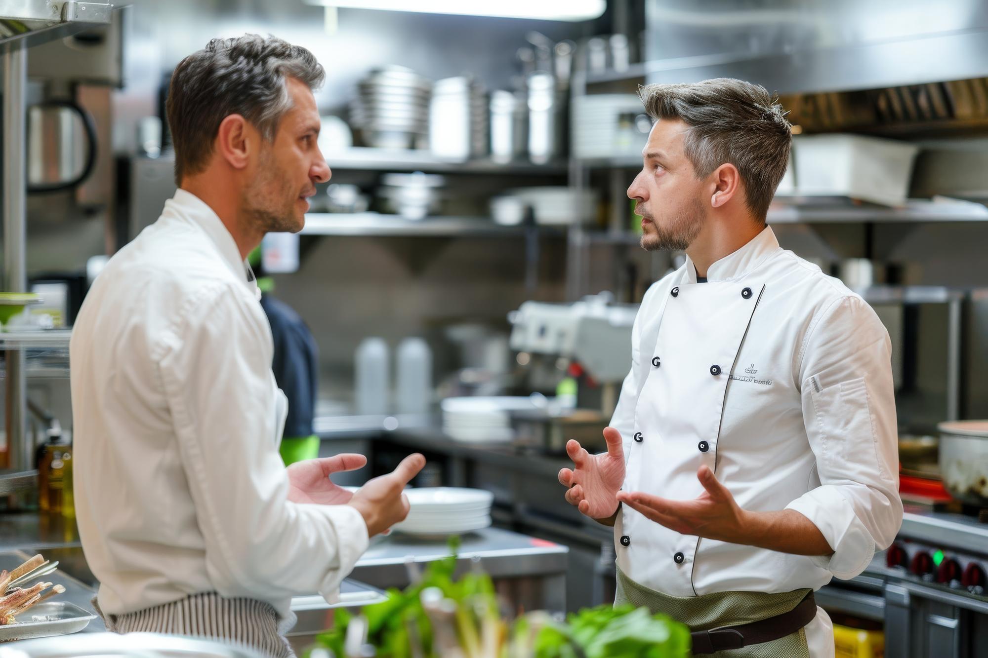 Consultant talking with chef in kitchen